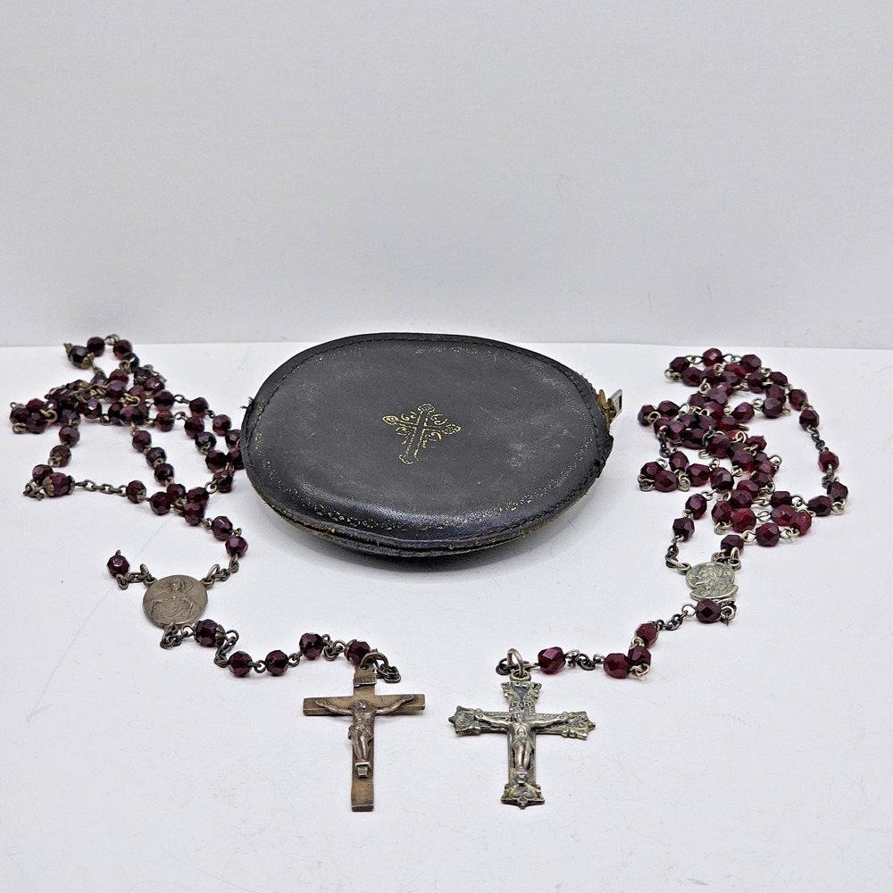 Vintage Pair Sterling Silver Catholic Rosary Red Beads w Pouch READ